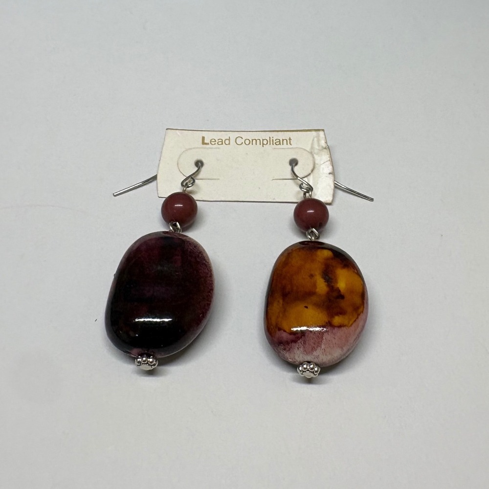 Brown Organic Bead Drop Earrings Red Accent Silver Tone Fishhook Boho